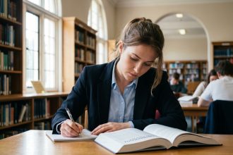 Etudiante en criminologie lisant un livre dans une bibliothèque