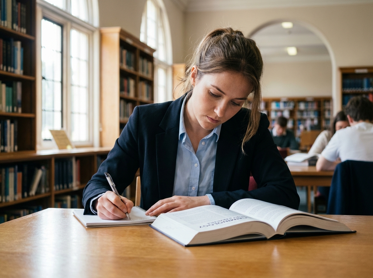 Etudiante en criminologie lisant un livre dans une bibliothèque