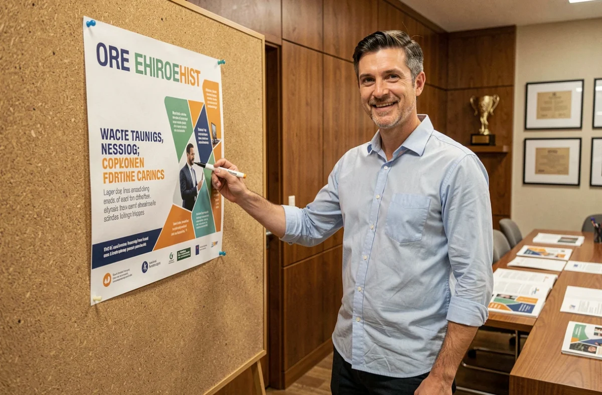 Directeur publicitaire d'EXI PUBLICITÉ présentant une affiche de campagne sur un mur liège dans un studio de publicité chaleureux