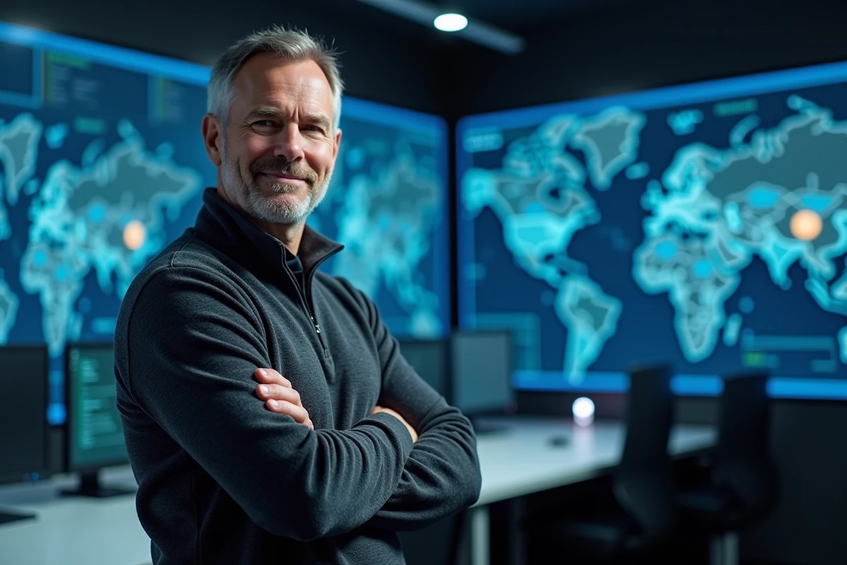 Expert en cybersécurité debout devant un écran de surveillance réseau dans un centre opérationnel de sécurité informatique