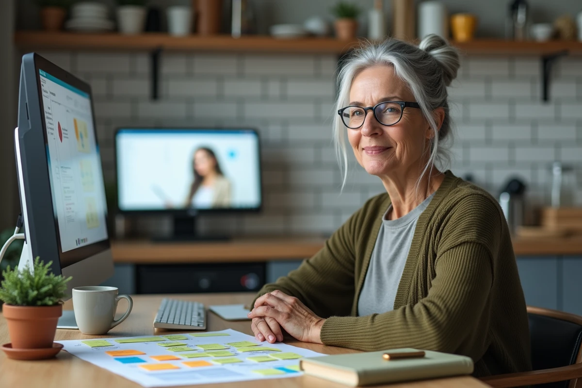 Experte senior en reconversion professionnelle gérant son activité de conseil à distance depuis chez elle