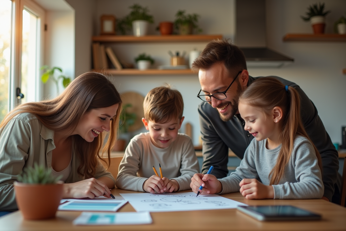 Famille heureuse brainstormant autour d une table à la maison