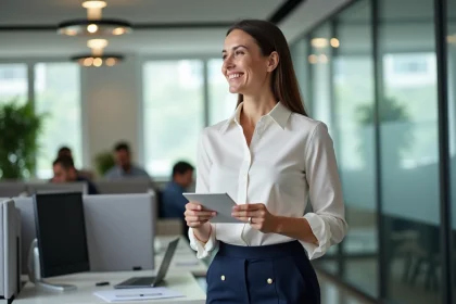 Femme souriante offrant une carte d'adieu dans un bureau moderne