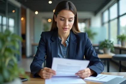 Femme d'affaires lisant un contrat avec clause ticket restaurant