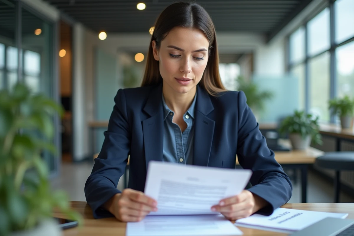 Femme d'affaires lisant un contrat avec clause ticket restaurant