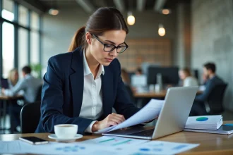 Femme d'affaires analysant des graphiques économiques dans un bureau moderne pour comprendre l'actualité financière