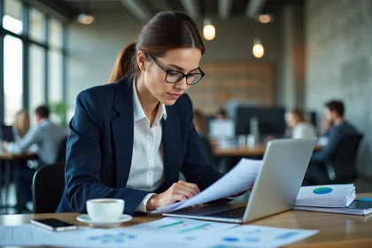 Femme d'affaires analysant des graphiques économiques dans un bureau moderne pour comprendre l'actualité financière
