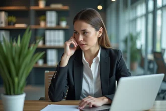 Femme d'affaires au bureau avec ordinateur et expression réfléchie