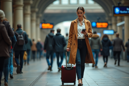 Jeune femme d'affaires dans une gare animée