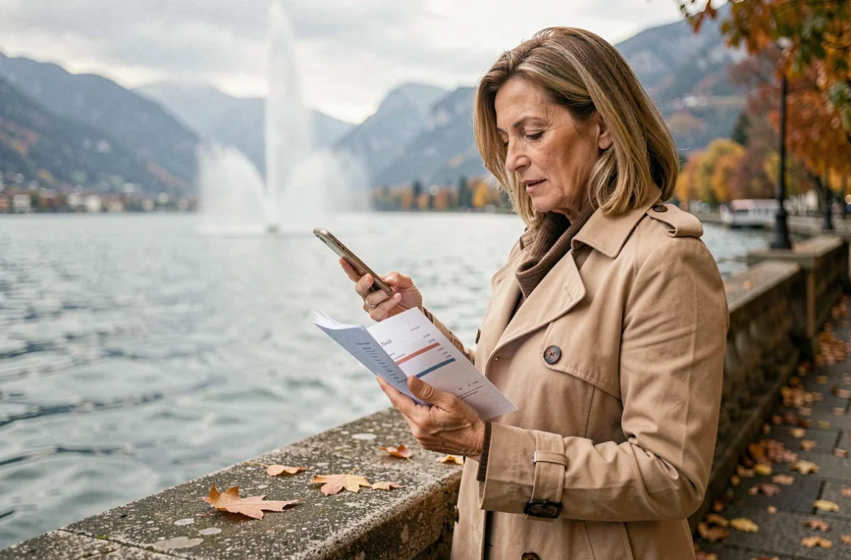 Femme d'affaires au bord du lac Léman à Genève consultant des documents commerciaux