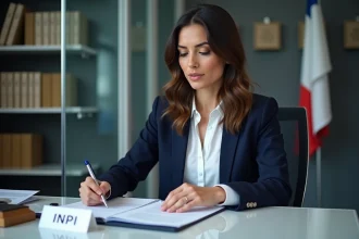 Femme d'affaires en réunion avec documents INPI