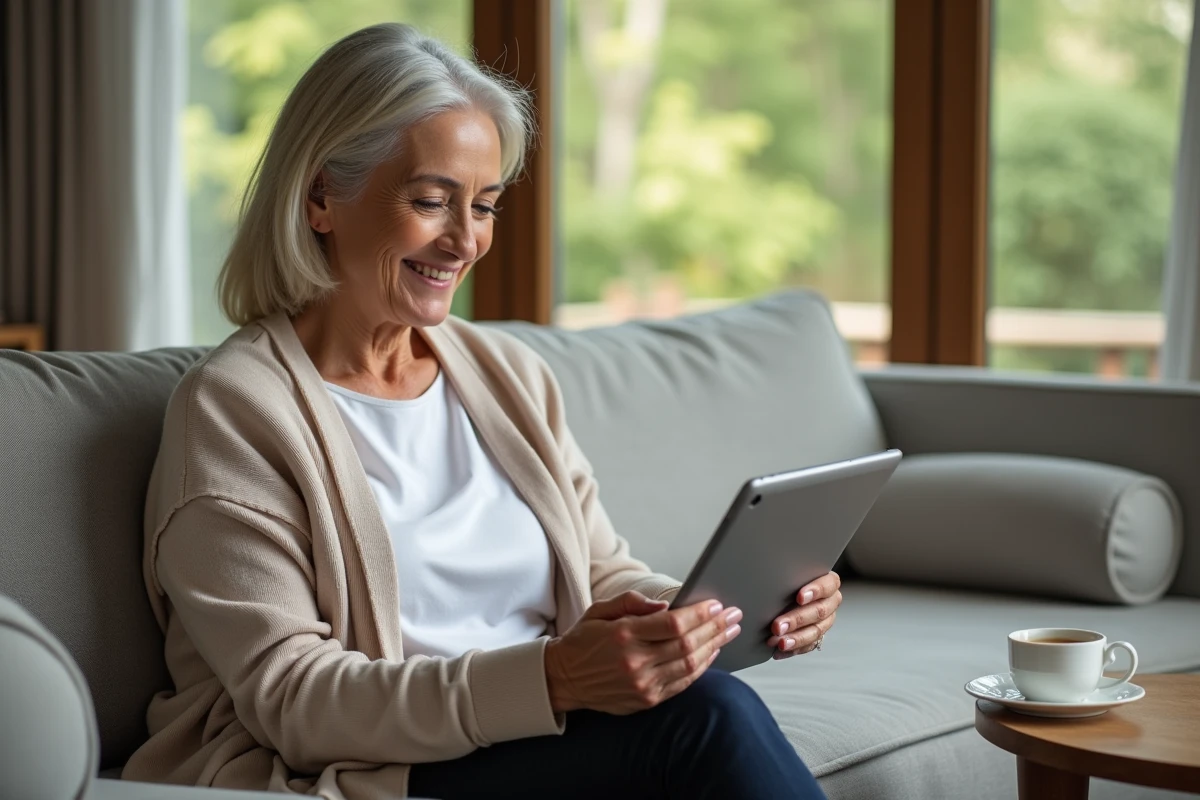 Femme consultant l'espace aide du compte a2micile sur une tablette dans son salon