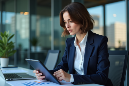 Femme en blazer bleu analysant des graphiques financiers sur une tablette