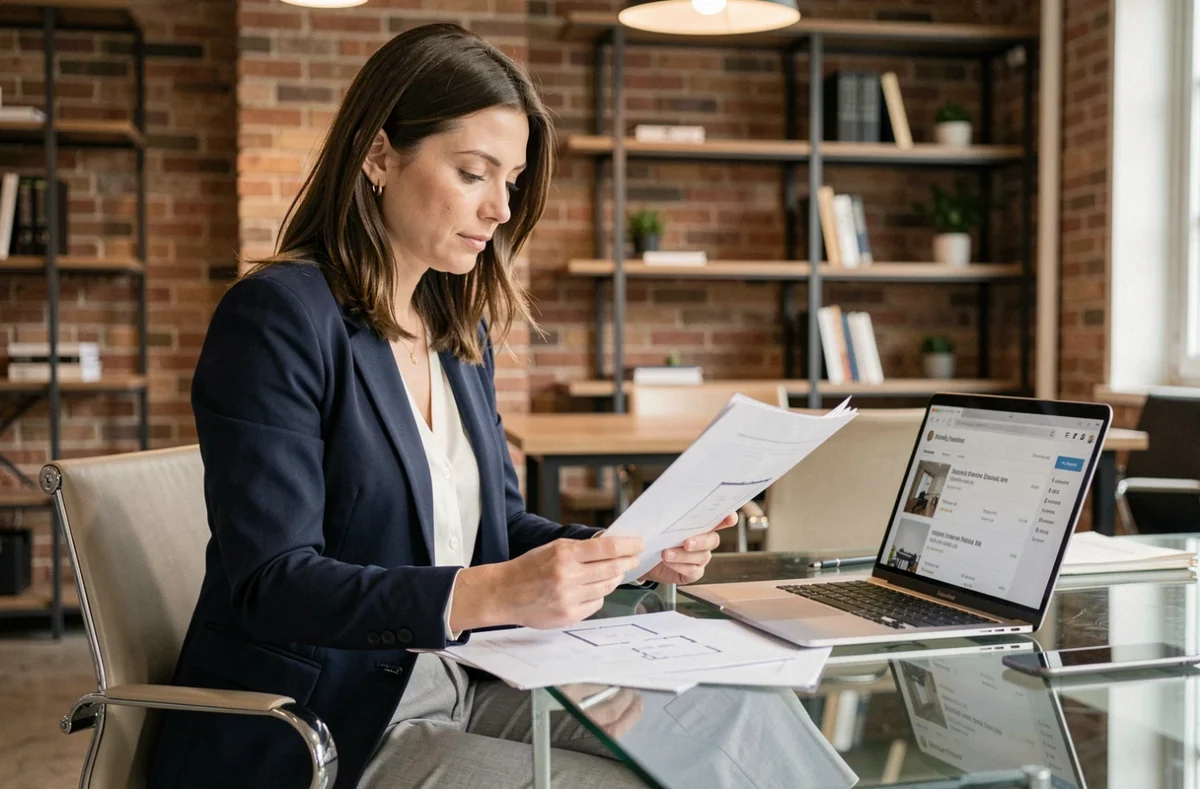 Femme professionnelle analysant des offres de location de bureaux à Villeneuve-d'Ascq sur ordinateur et documents imprimés