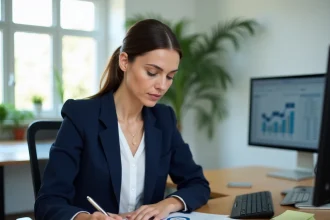 Femme professionnelle analysant des graphiques de performance et des résultats mesurables dans un bureau moderne