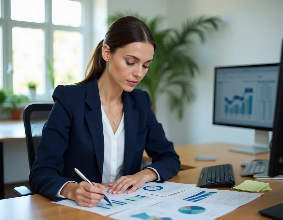 Femme professionnelle analysant des graphiques de performance et des résultats mesurables dans un bureau moderne