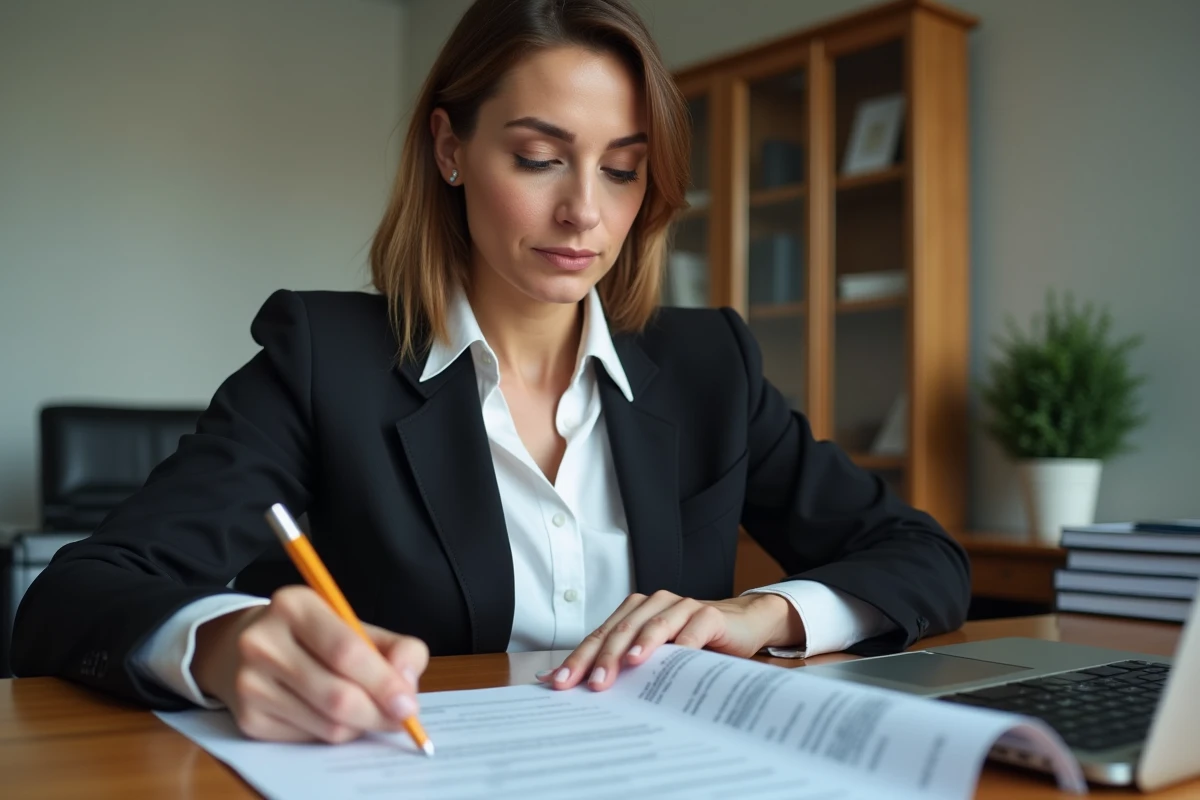 Femme d'affaires examinant un contrat de travail dans un bureau professionnel, illustrant les clauses de période d'essai et de licenciement