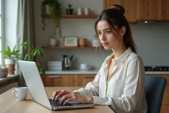Jeune femme au bureau à domicile utilisant un ordinateur