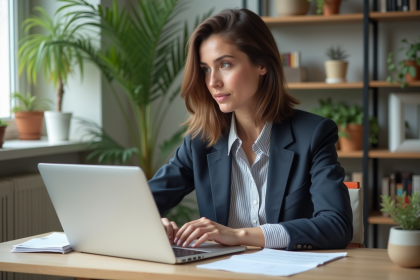 Femme au bureau à domicile dans un appartement moderne