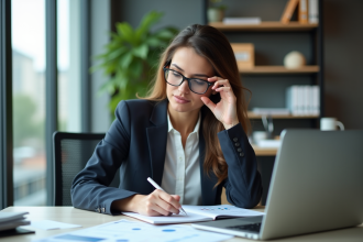 Femme d affaires concentrée au bureau avec ordinateur et rapports