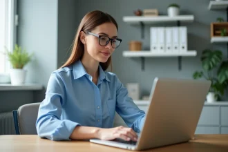 Femme en blouse bleue utilisant un ordinateur dans un bureau moderne