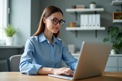 Femme en blouse bleue utilisant un ordinateur dans un bureau moderne