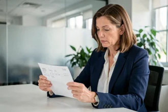 Femme cadre analysant son bulletin de salaire convention 51 à son bureau