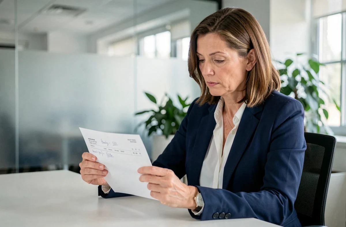 Femme cadre analysant son bulletin de salaire convention 51 à son bureau