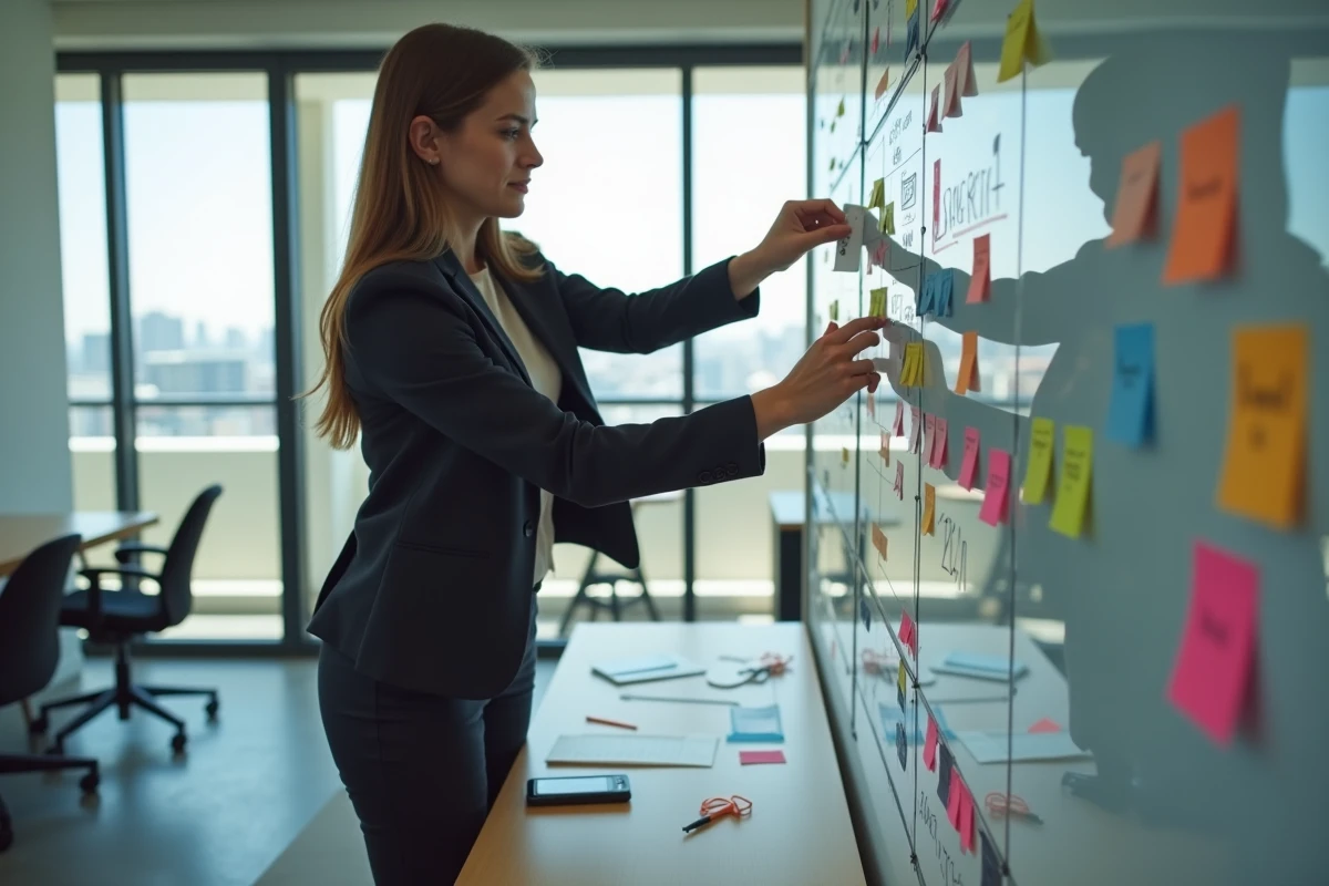 Femme en coworking pin&ccedil;ant des cartes sur un tableau blanc