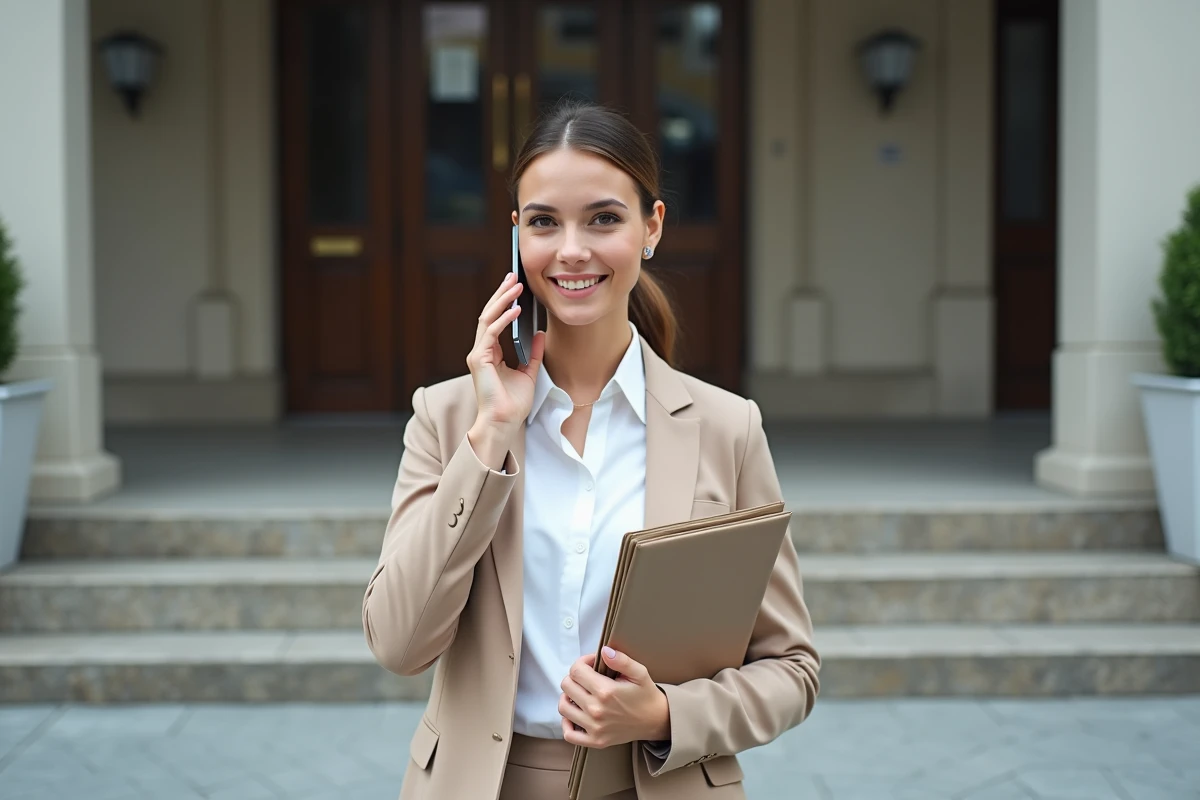 Jeune femme consultante parlant au téléphone devant un bâtiment officiel