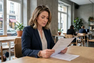 Femme consultante en portage salarial à Bourgoin-Jallieu révisant ses contrats dans un espace de coworking moderne