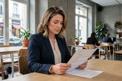 Femme consultante en portage salarial à Bourgoin-Jallieu révisant ses contrats dans un espace de coworking moderne