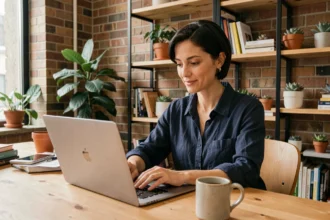 Femme travaillant sur son ordinateur portable dans un espace de coworking à Saint-Brieuc avec murs en briques et plantes vertes