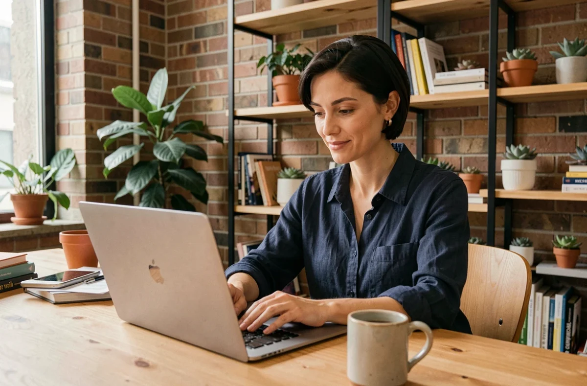Femme travaillant sur son ordinateur portable dans un espace de coworking à Saint-Brieuc avec murs en briques et plantes vertes