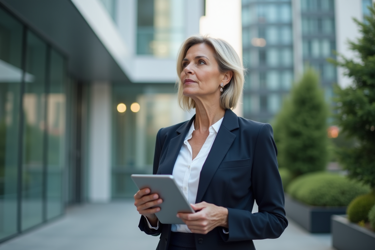 Femme dirigeante avec tablette devant bâtiment moderne