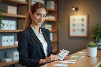 Femme en entreprise appose un ecolabel sur un produit