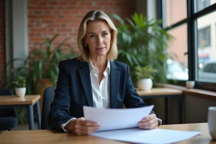Femme de 45 ans entrepreneur revisant un plan d'affaires dans un espace de coworking moderne