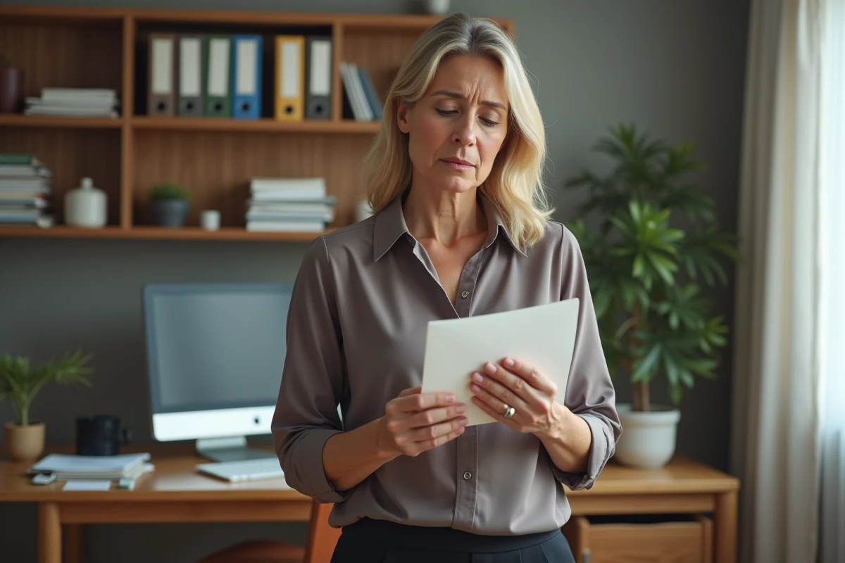 Femme d âge moyen tenant une enveloppe dans un bureau à domicile