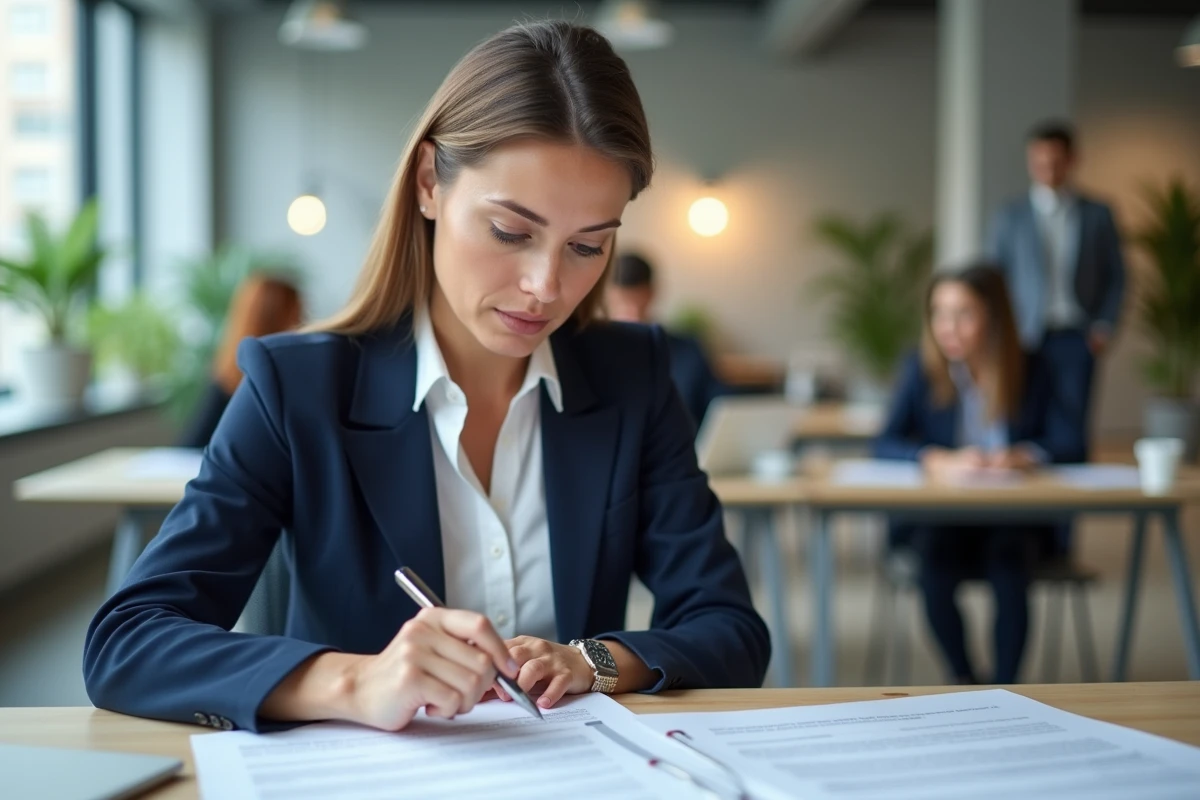 Femme professionnelle examinant son contrat de travail dans un bureau moderne, illustrant les variations de jours travaillés selon le type de contrat