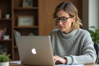 Femme utilisant l'extranet a2micile sur son ordinateur portable depuis son bureau à domicile