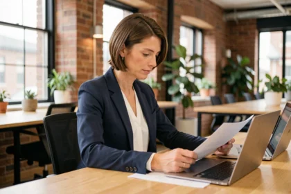 Femme freelance en blazer marine étudiant des documents dans un espace de coworking moderne, illustrant la sécurité du portage salarial