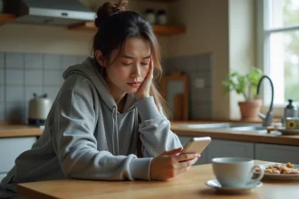 Femme hésitante regardant son téléphone avant d'appeler son employeur pour signaler une absence au travail