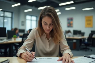 Femme intérimaire frustrée examenant un contrat de travail à 35h dans une agence d'intérim