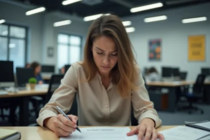 Femme intérimaire frustrée examenant un contrat de travail à 35h dans une agence d'intérim