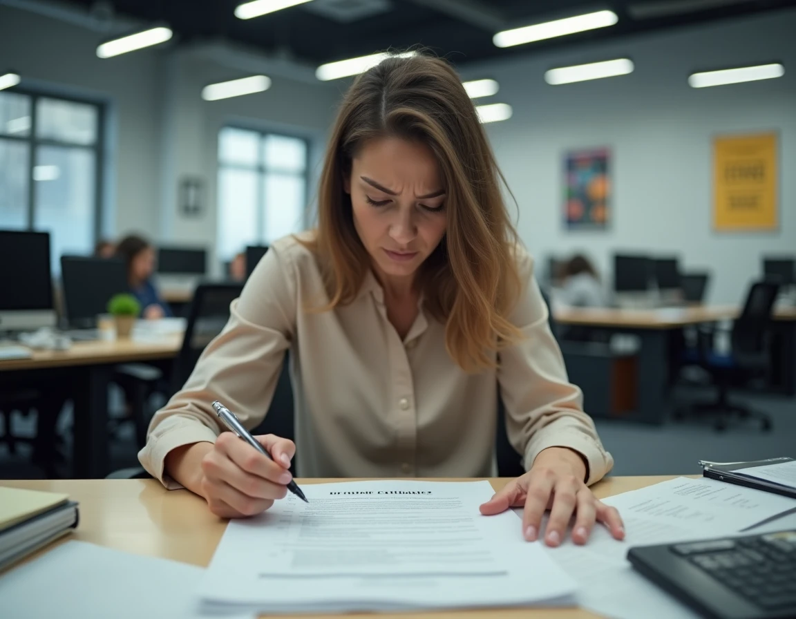 Femme intérimaire frustrée examenant un contrat de travail à 35h dans une agence d'intérim
