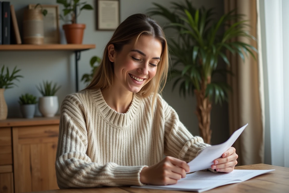 Femme souriante lisant un livret bancaire à la maison