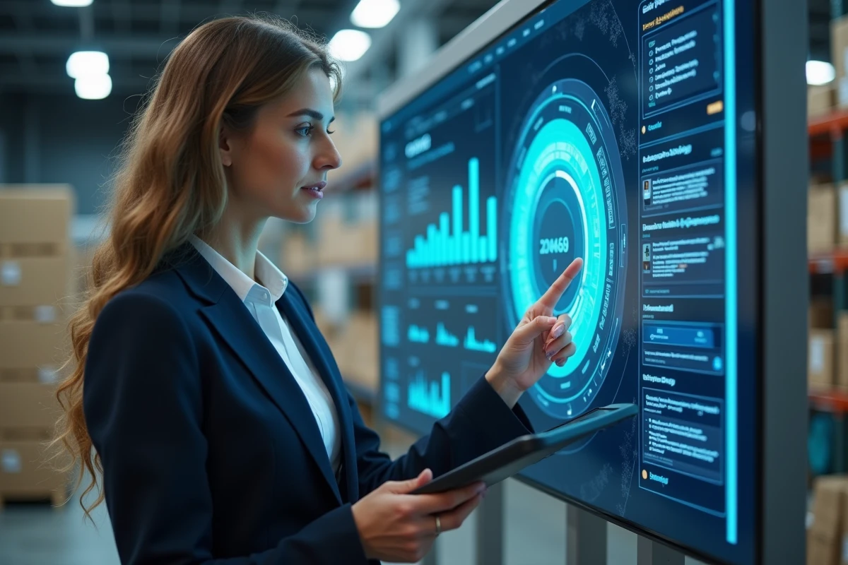 Femme en logistique moderne à Paris examine un tableau digital