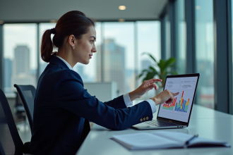 Jeune femme professionnelle analysant un tableau de bord digital