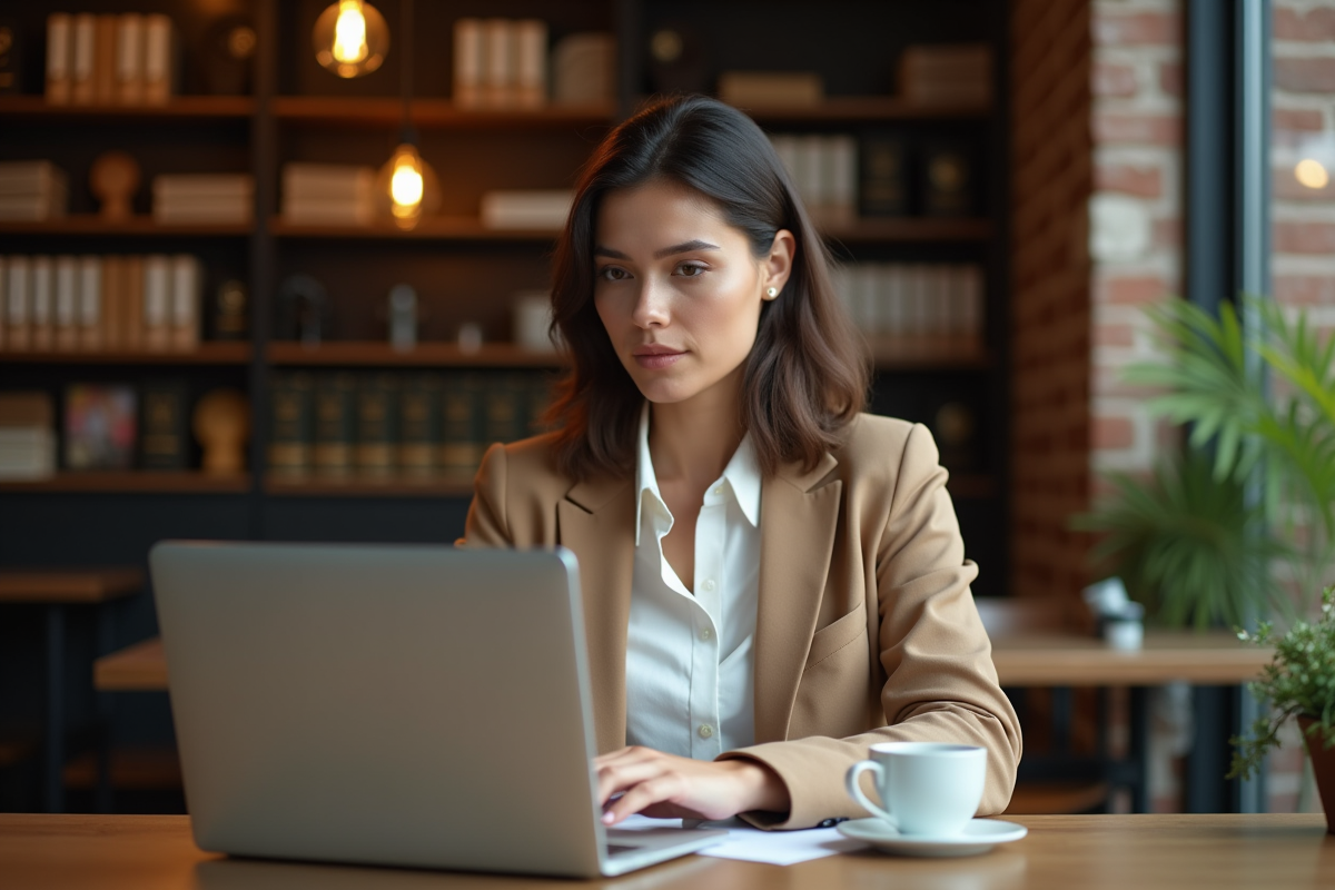 Jeune femme au bureau de café tapant sur son ordinateur