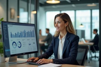 Femme professionnelle analysant un tableau de bord CRM sur un écran d'ordinateur dans un bureau moderne pour optimiser la relation client